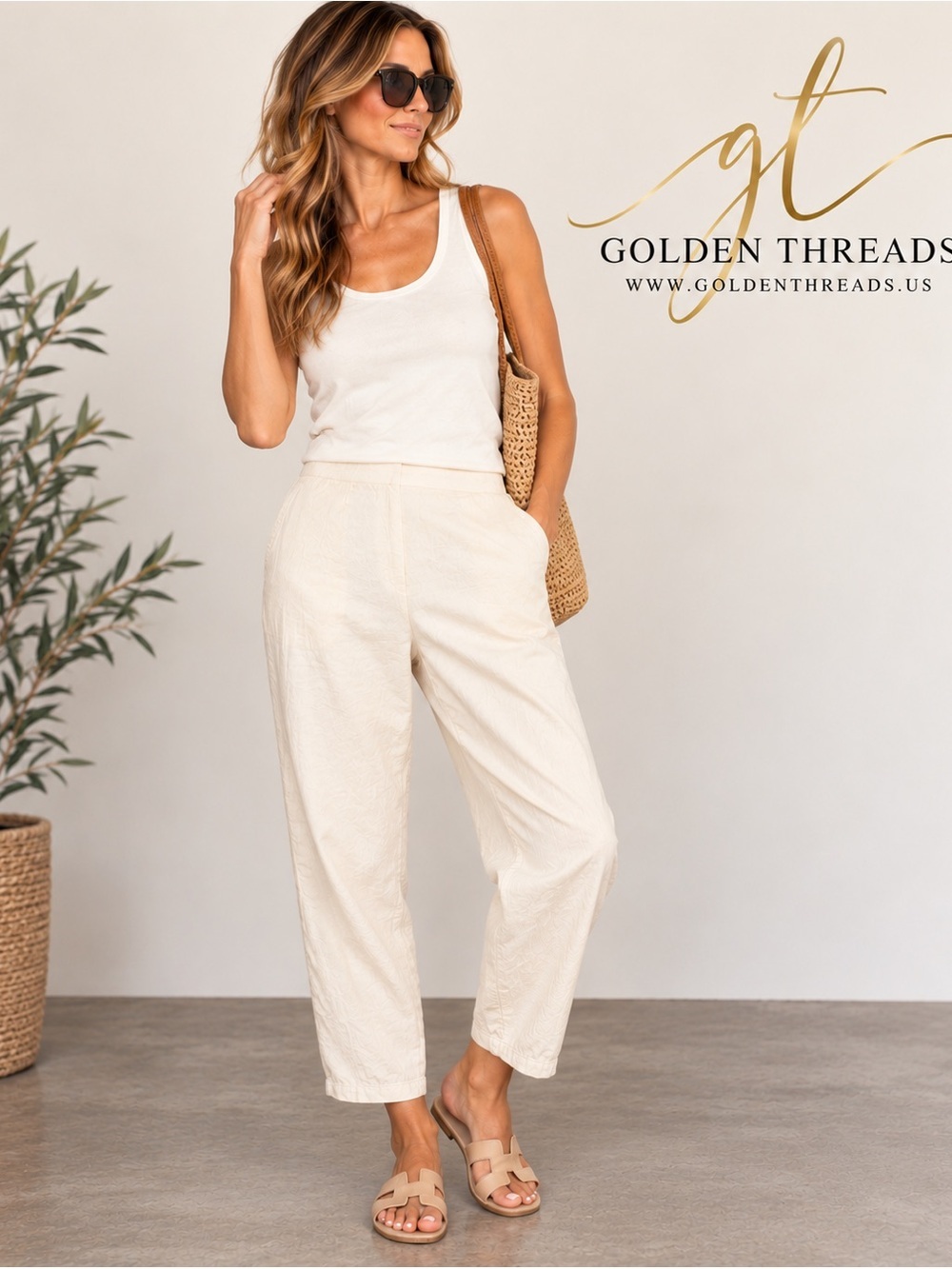 GT-0012 Eileen Fisher Organic Cotton Hemp Tapered Pants Cream Ivory Large